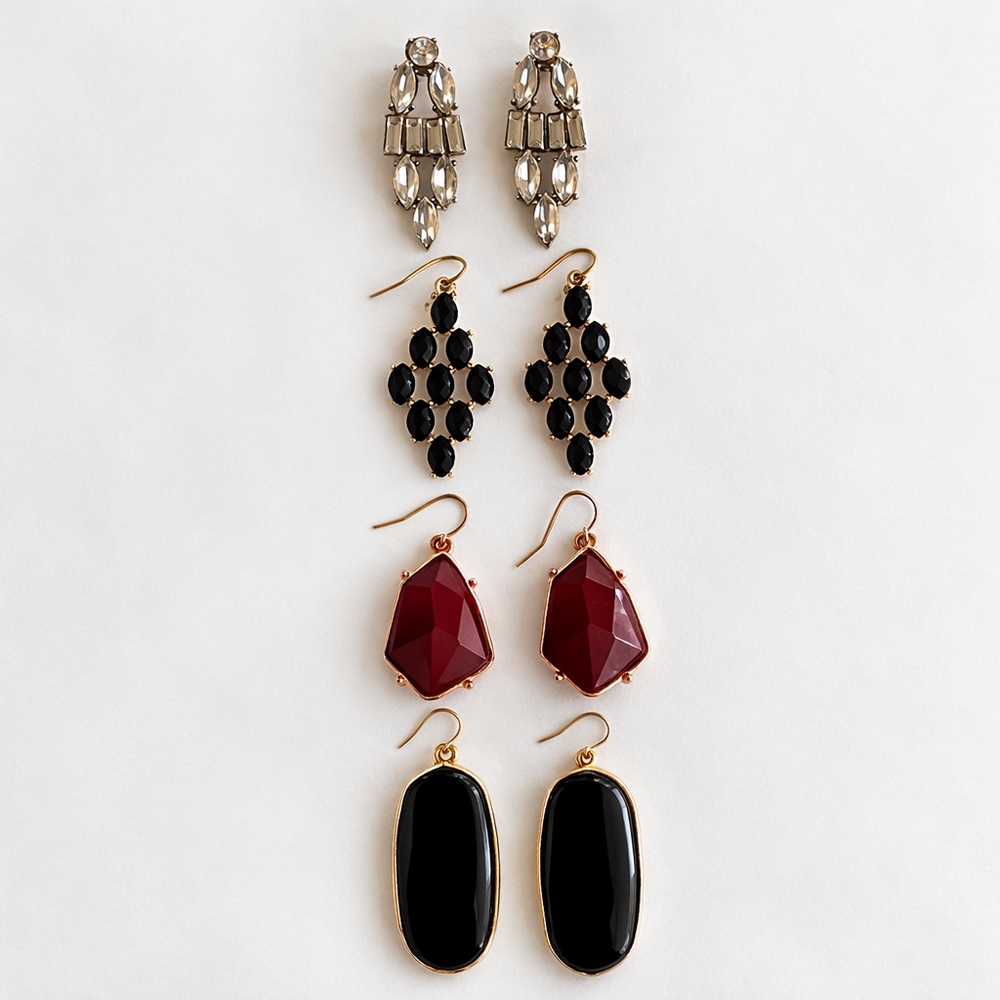 Women's Boho Statement Earrings in Black, Burgundy, and Rhinestone | 4 Pair
